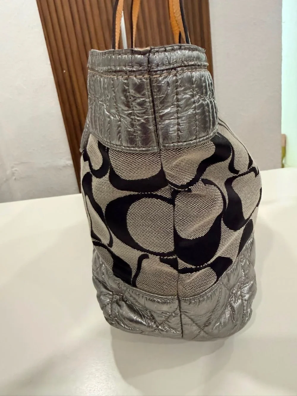 Coach Poppy Silver Quilted Metallic Signature Monogram Gray Black Tote #18676